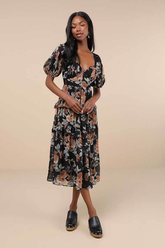 Fawning Favorite Black Floral Lace Tiered Lace-Up Midi Dress