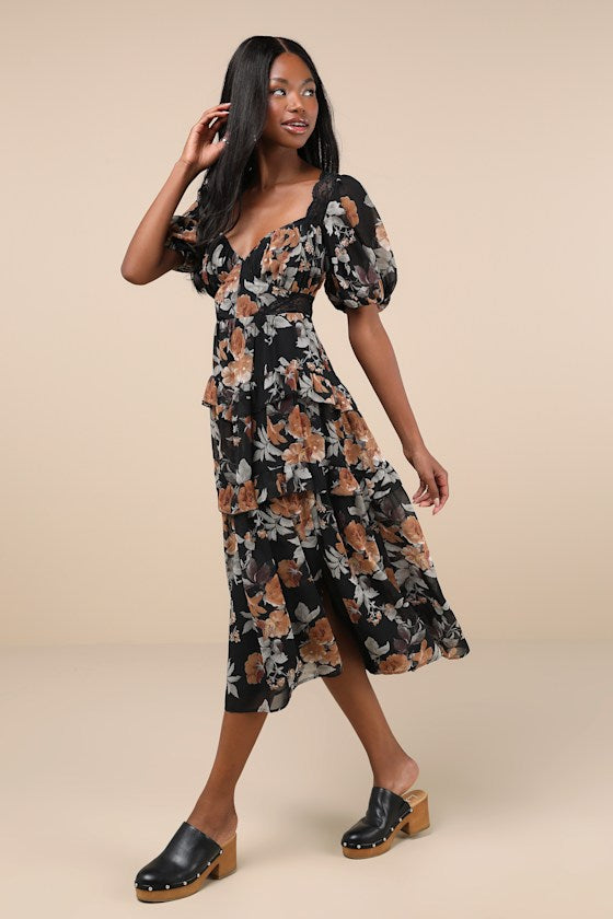 Fawning Favorite Black Floral Lace Tiered Lace-Up Midi Dress