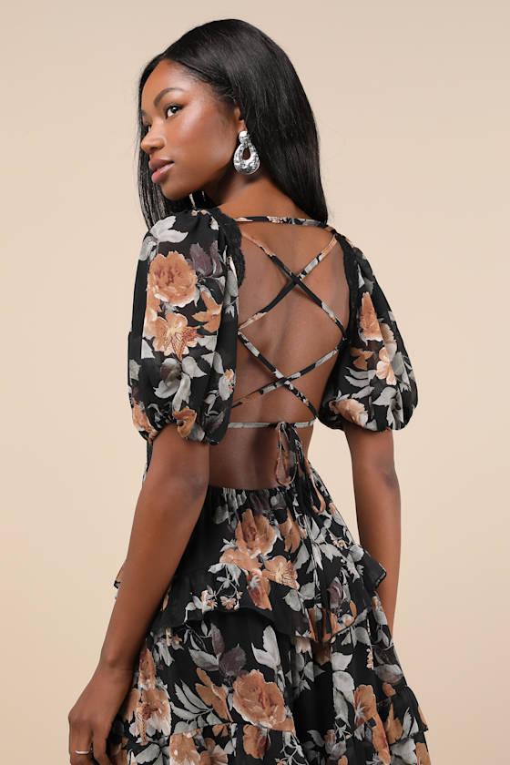 Fawning Favorite Black Floral Lace Tiered Lace-Up Midi Dress