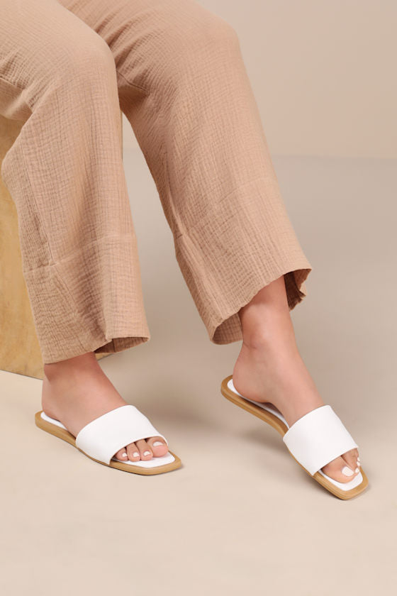 Brenner White Flat Square-Toe Slide Sandals