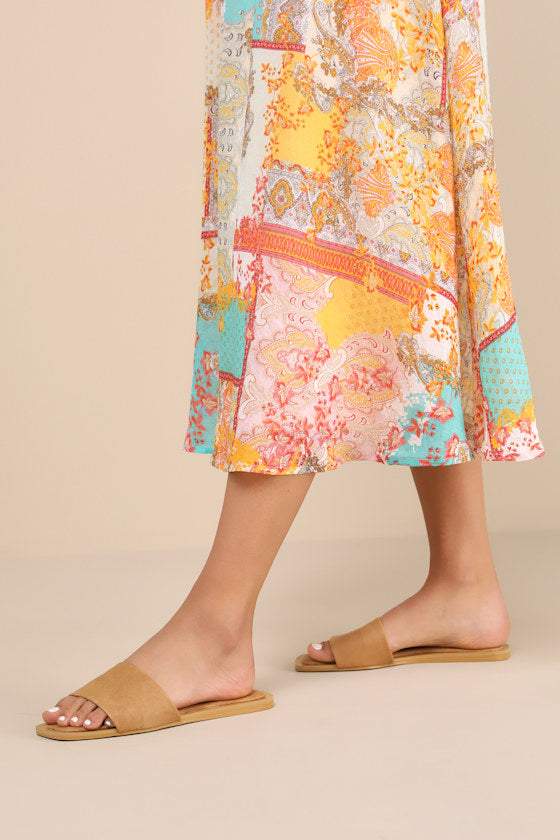 Brenner Camel Flat Square-Toe Slide Sandals