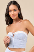 Trendsetting Flirt Light Blue Crinkled Strapless Bustier Bow Top