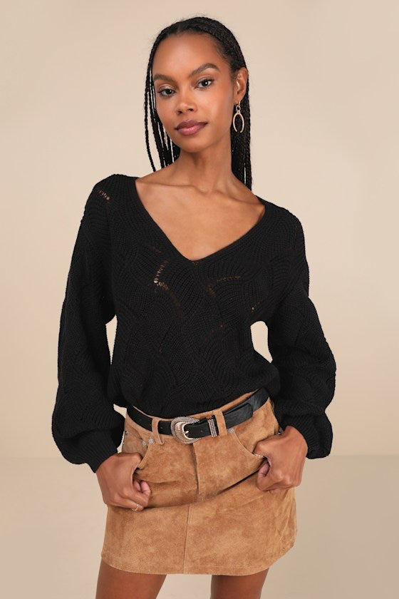 Cute Lifestyle Black Pointelle Knit V-Neck Sweater Top