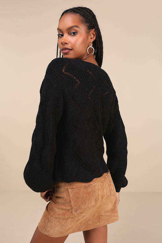 Cute Lifestyle Black Pointelle Knit V-Neck Sweater Top