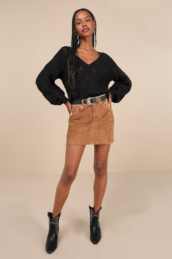 Cute Lifestyle Black Pointelle Knit V-Neck Sweater Top