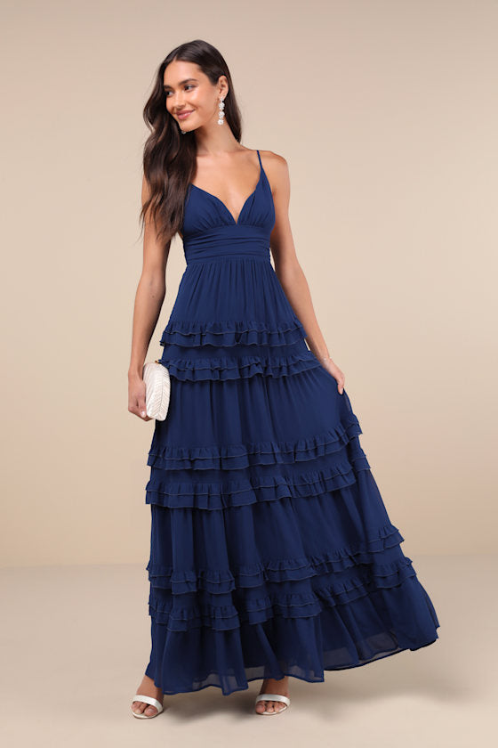 Lavish Perfection Navy Blue Ruffled Tiered Maxi Dress