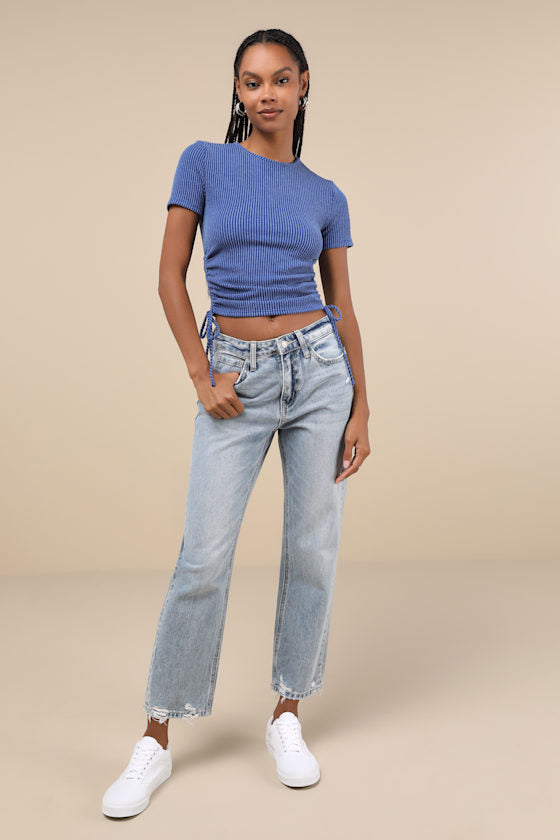 Sweet Ease Blue Textured Ribbed Ruched Short Sleeve Top