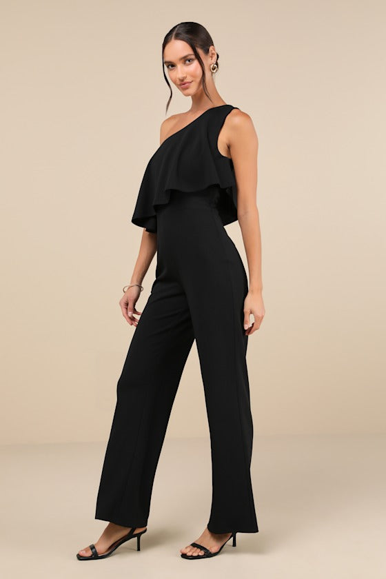 Flawless Vibes Black One-Shoulder Tiered Wide-Leg Jumpsuit