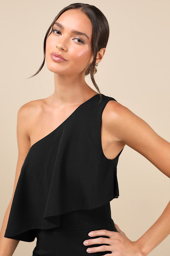 Flawless Vibes Black One-Shoulder Tiered Wide-Leg Jumpsuit