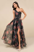 Truly Extraordinary Black Floral Organza One-Shoulder Maxi Dress