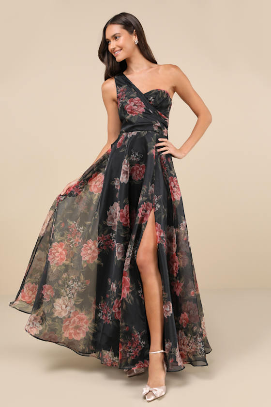 Truly Extraordinary Black Floral Organza One-Shoulder Maxi Dress