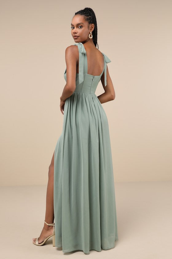 Radiant Charisma Sage Brush Chiffon Ruched Tie-Strap Maxi Dress