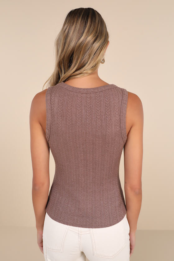Conveniently Cute Brown Pointelle Knit Scoop Neck Tank Top