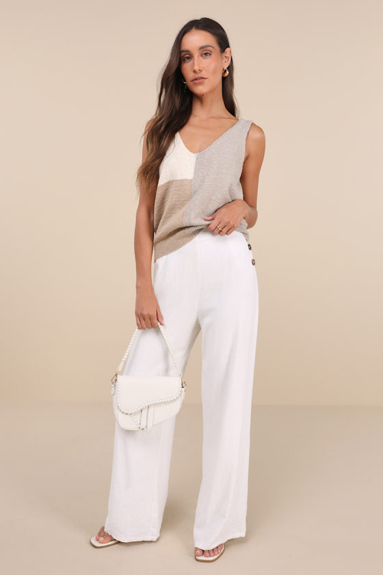 Modern Look Ivory and Grey Color Block Sweater Knit Tank Top