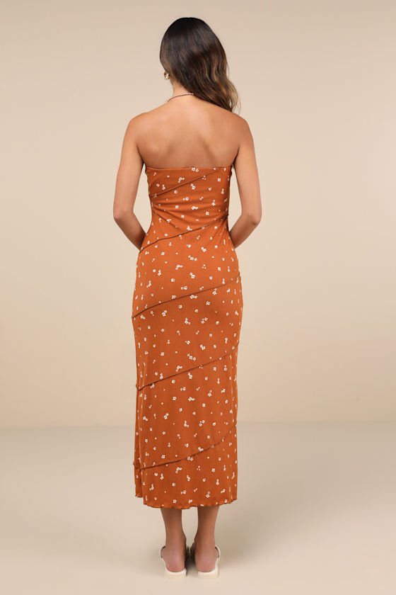 Summery Spirit Rust Floral Ribbed Strapless Midi Dress