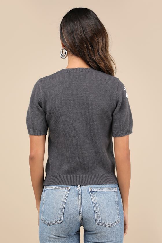 Sweet Fave Dark Grey Embroidered Short Sleeve Sweater Top
