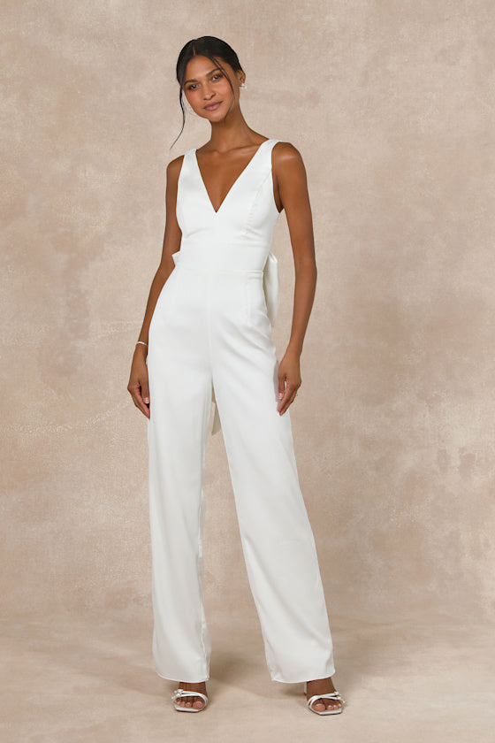 Angelic Aesthetic Ivory Satin Bow Back Sleeveless Jumpsuit