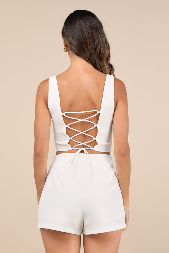 Exceptionally Styled Ivory Lace-Up Two-Piece Skort Romper