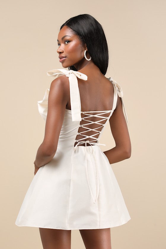 Glamorous Luxury Champagne Taffeta Bow Lace-Up Mini Dress