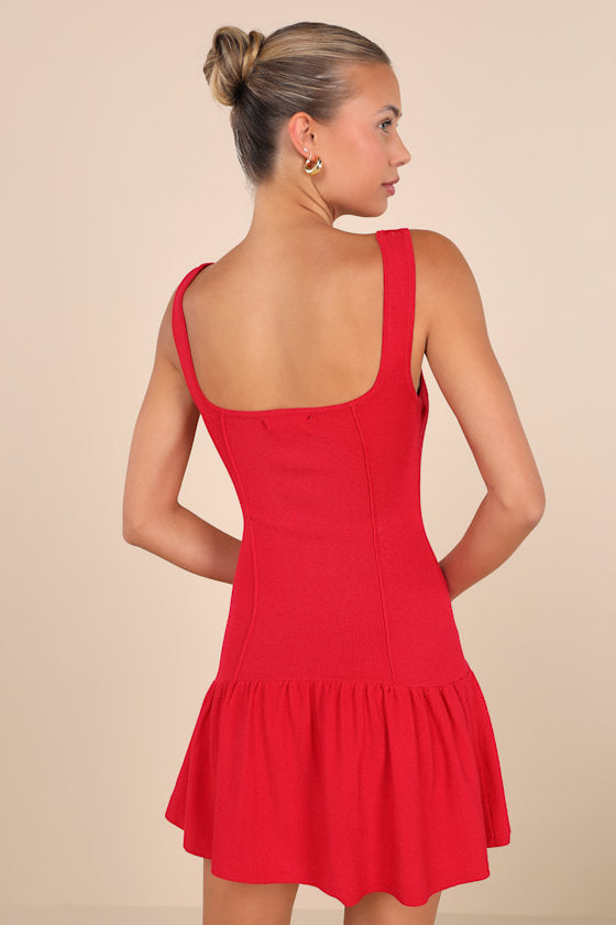 Playful Attitude Red Sleeveless Seamed Drop-Waist Mini Dress