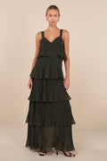 Elegant Nature Olive Green Pleated Sleeveless Tiered Maxi Dress