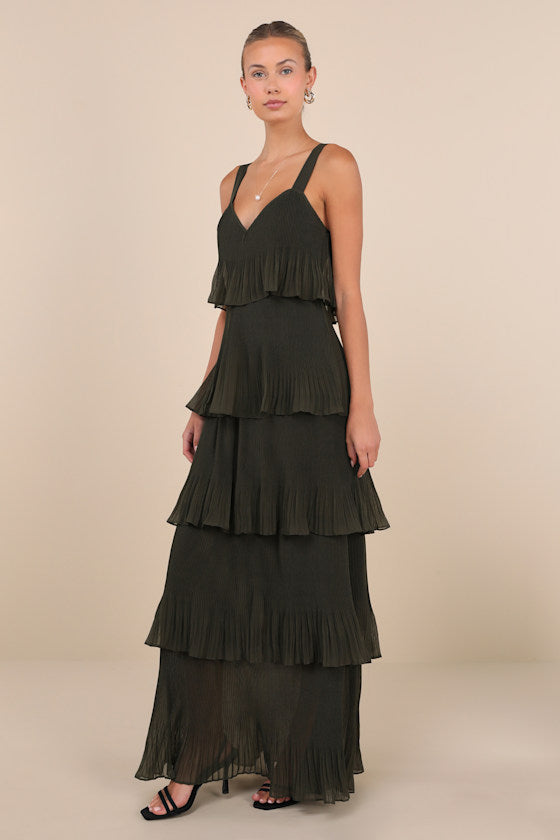 Elegant Nature Olive Green Pleated Sleeveless Tiered Maxi Dress