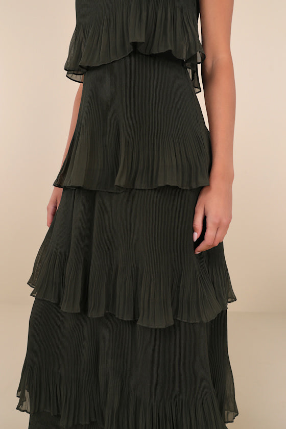 Elegant Nature Olive Green Pleated Sleeveless Tiered Maxi Dress