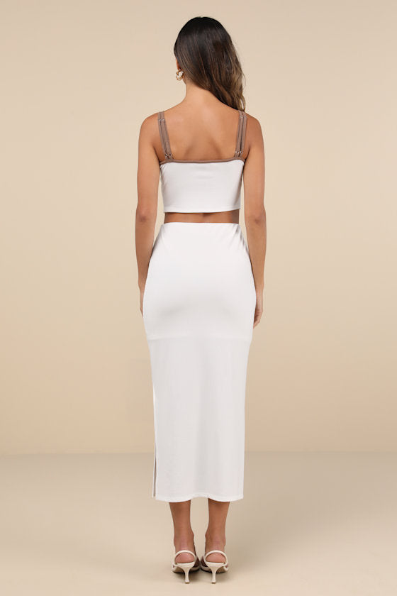 Trendy Match White and Brown Ribbed Two-Piece Midi Dress