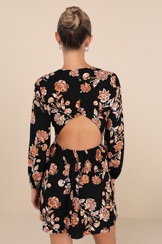 Darling Simplicity Black Floral Linen Cutout Mini Dress