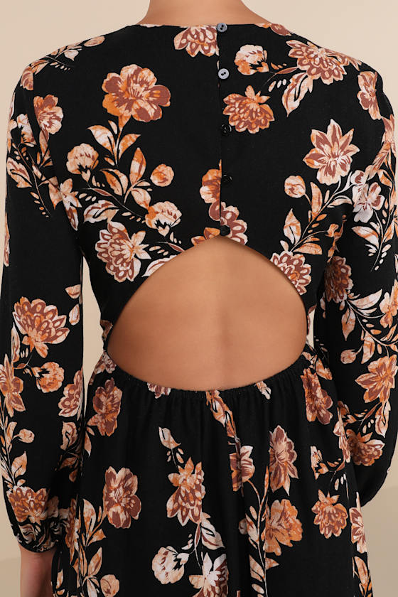 Darling Simplicity Black Floral Linen Cutout Mini Dress