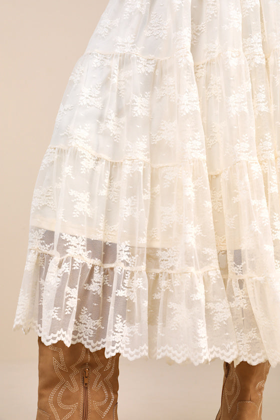 Exceptionally Graceful Cream Lace High-Rise Tiered Midi Skirt