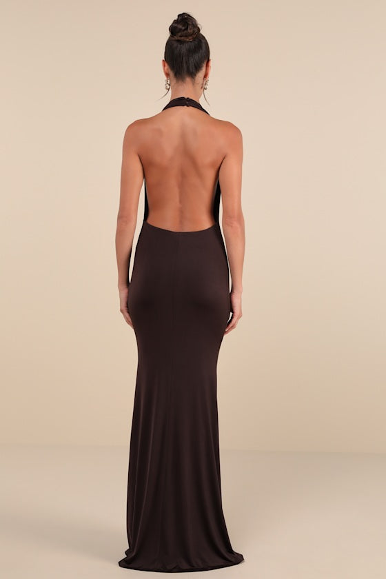 Eye-Catching Silhouette Dark Brown Cowl Neck Halter Maxi Dress