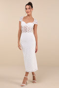 Flirtatious Presence White Sheer Lace Bustier Midi Dress