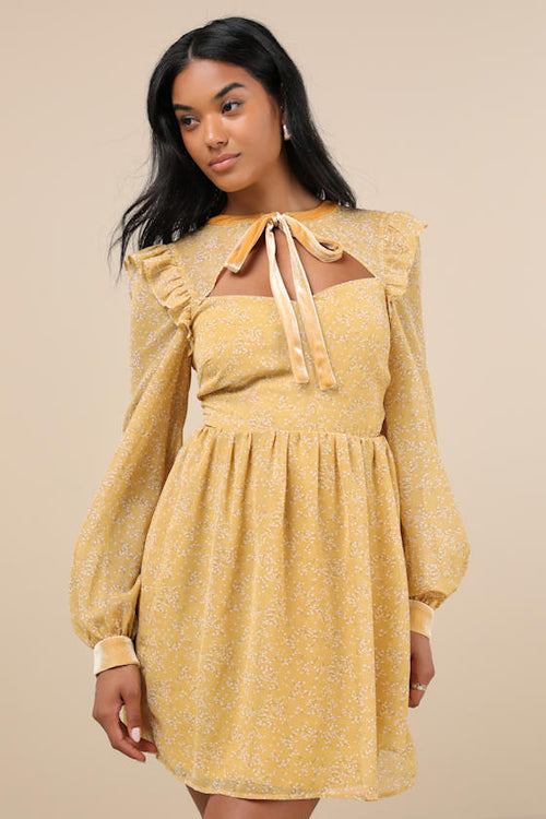 Posh Impression Yellow Floral Print Tie Neck Mini Dress