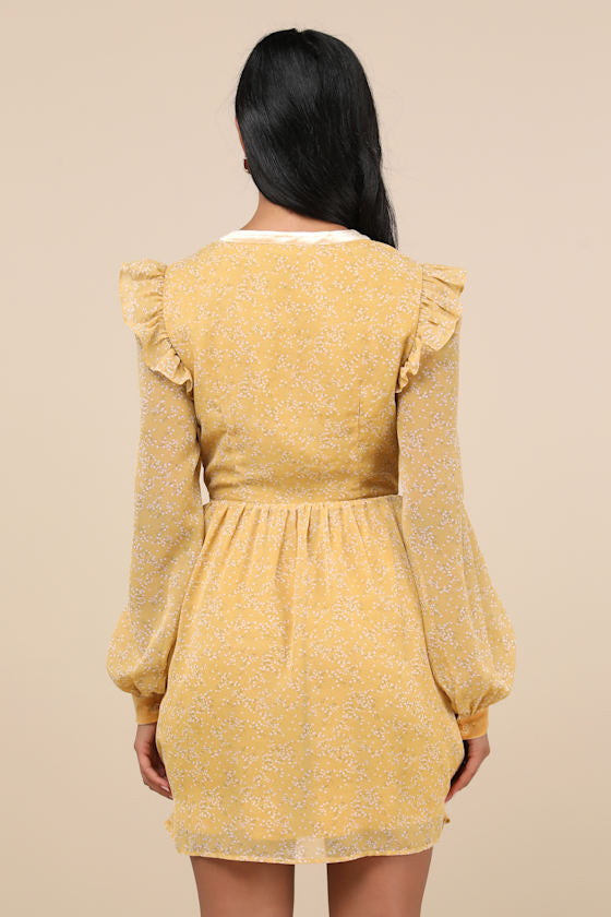 Posh Impression Yellow Floral Print Tie Neck Mini Dress