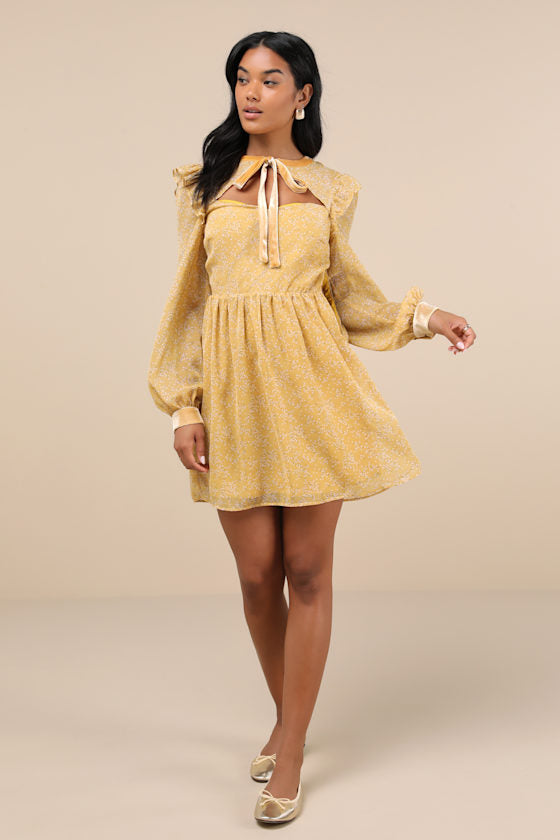 Posh Impression Yellow Floral Print Tie Neck Mini Dress