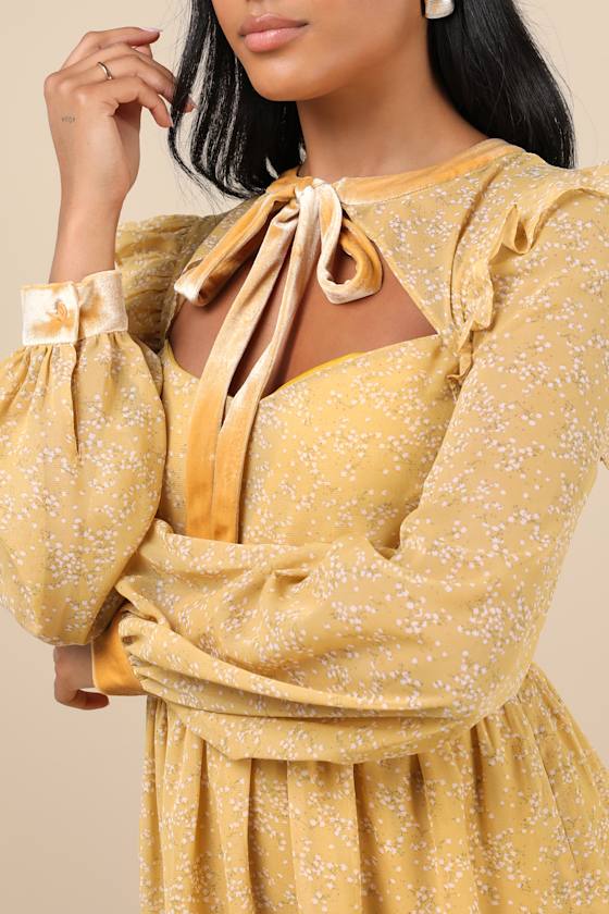 Posh Impression Yellow Floral Print Tie Neck Mini Dress