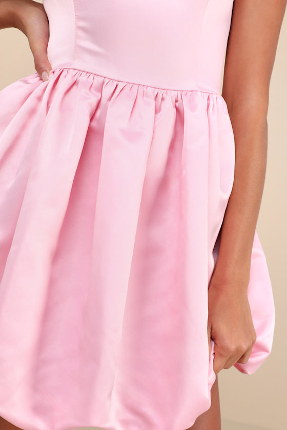 Regal Cutie Light Pink Satin Square Neck Bubble-Hem Mini Dress
