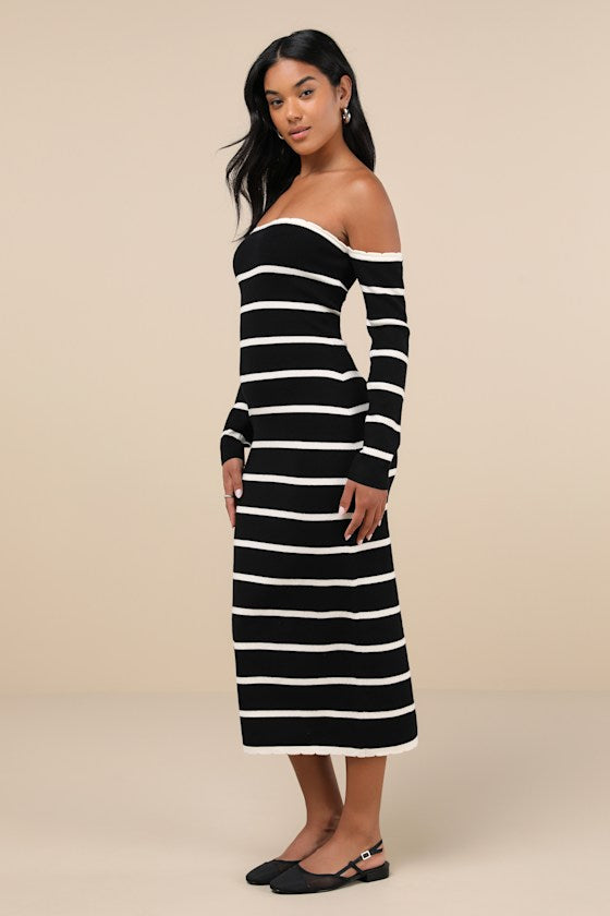 Chicest Side Black Striped Off-the-Shoulder Midi Sweater Dress