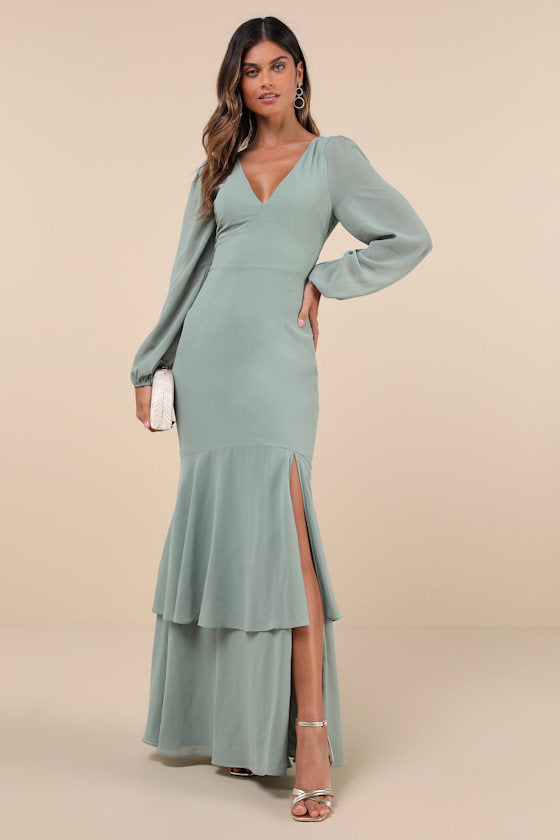 Tier Elegance Sage Brush Long Sleeve Tiered Maxi Dress