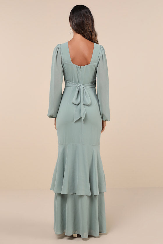 Tier Elegance Sage Brush Long Sleeve Tiered Maxi Dress
