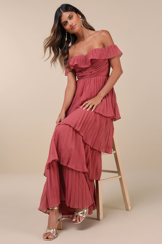 Always Remarkable Rusty Rose Pleated Off-the-Shoulder Maxi Dress