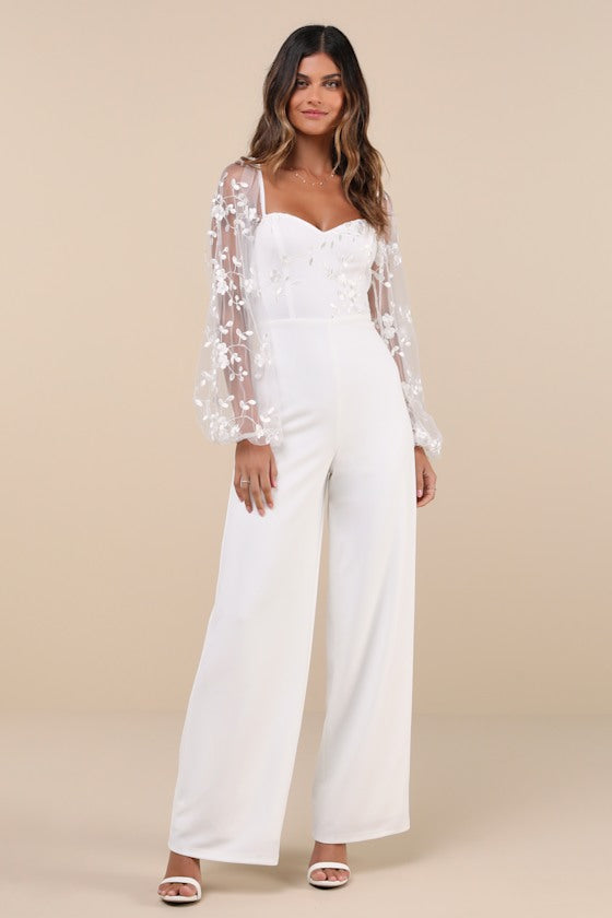 Darling Charisma White Mesh Embroidered Jumpsuit