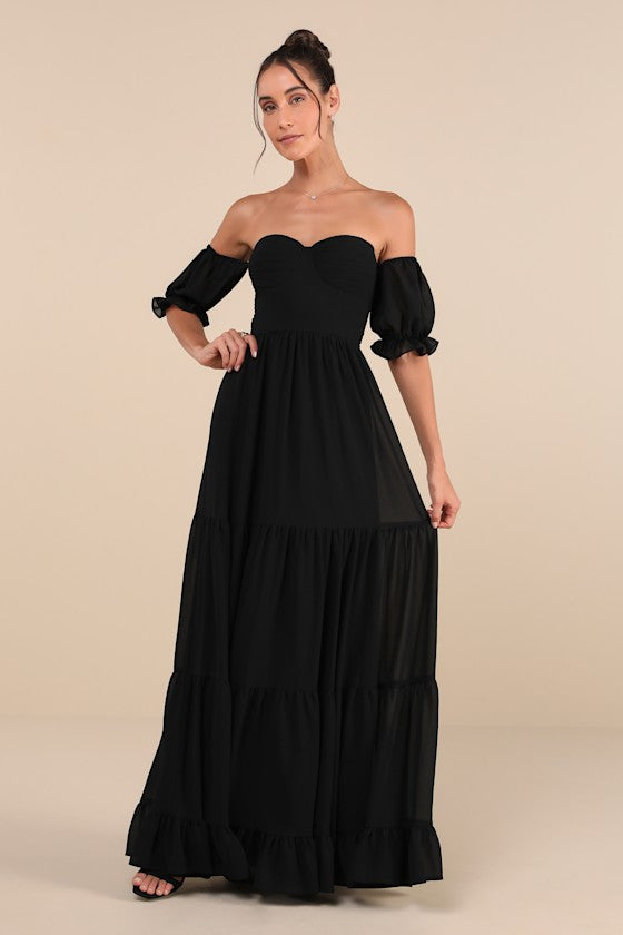 Exceptionally Gorgeous Black Chiffon Off-the-Shoulder Maxi Dress
