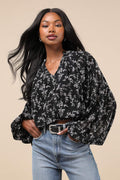 Season of Blooms Black Floral Print Balloon Sleeve Top