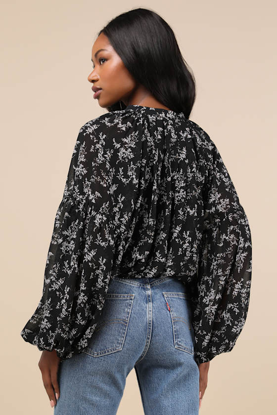 Season of Blooms Black Floral Print Balloon Sleeve Top
