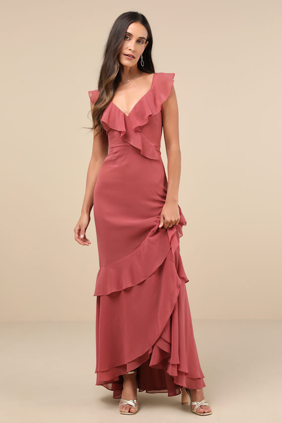 Charming Event Rusty Rose Asymmetrical Ruffled Maxi Dress