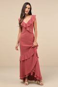 Charming Event Rusty Rose Asymmetrical Ruffled Maxi Dress