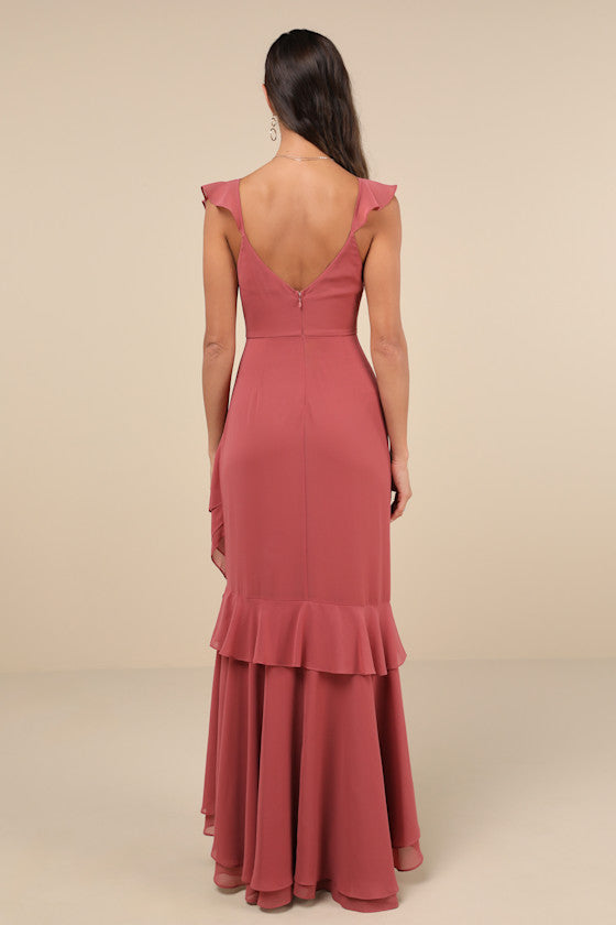 Charming Event Rusty Rose Asymmetrical Ruffled Maxi Dress