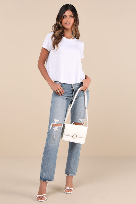 Boosted Basic White Ribbed Cutout Short Sleeve Top